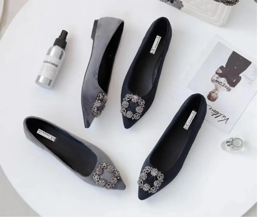 Female\'s Flock Pointy Toe Flats Rubber Sole square button rhinestone Wedding Shoes Flats Larger Sizes #31-46