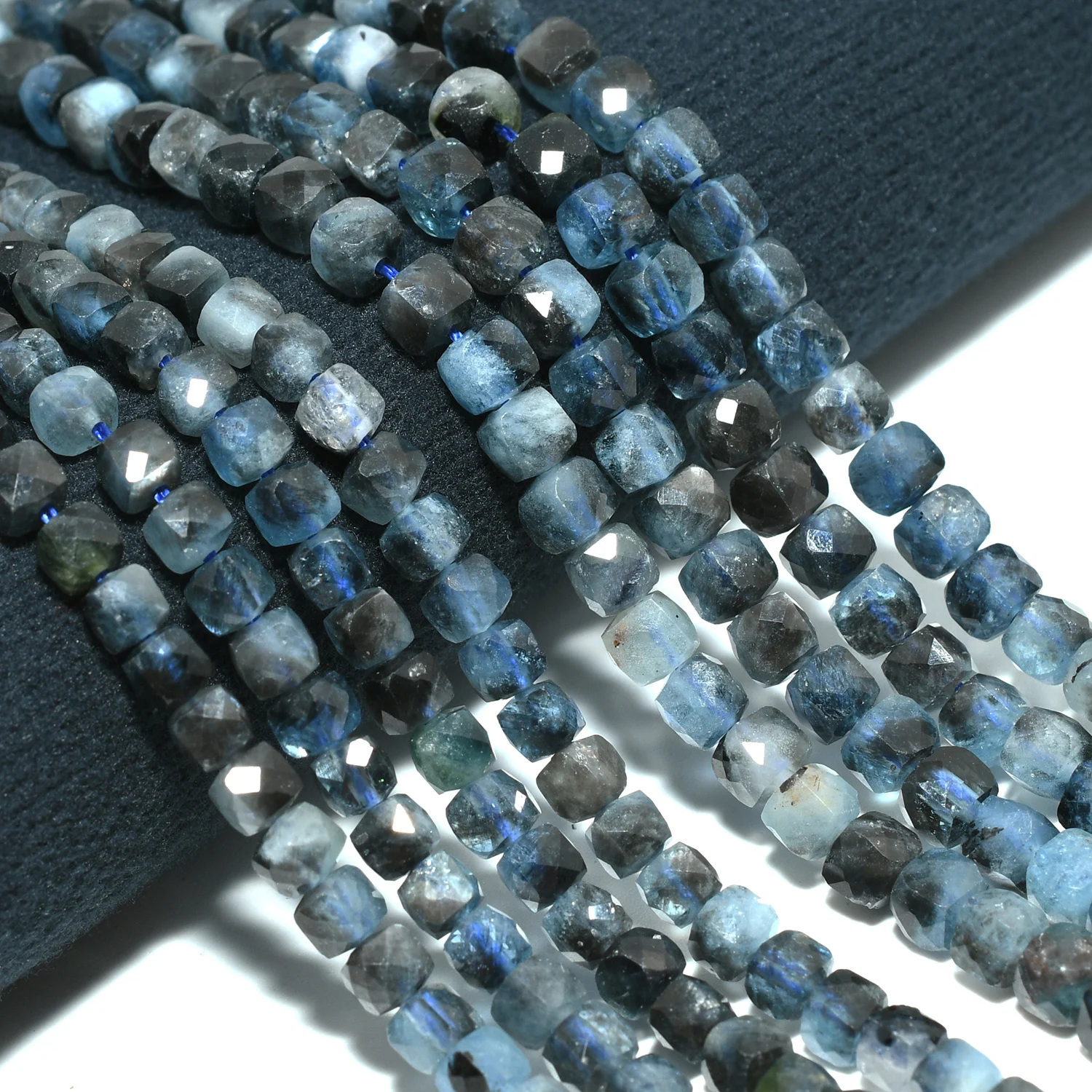 Natural Dark Aquamarine With Black Tourmaline Faceted Irregular Cube Beads 4mm/4.5mm