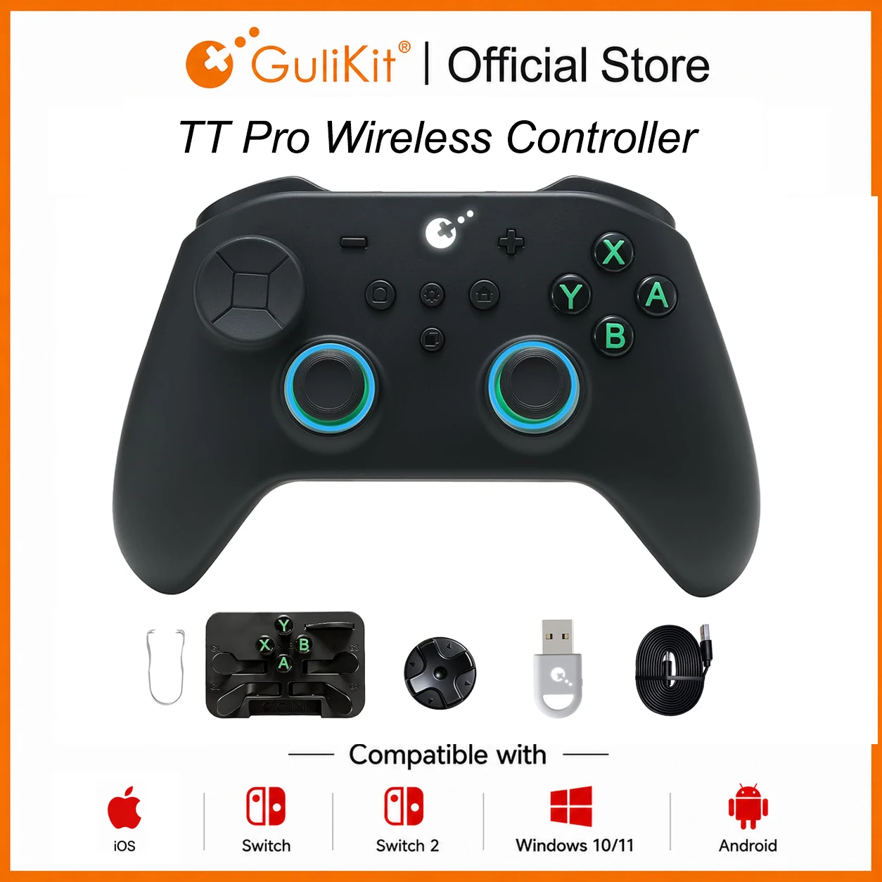 GuliKit TT Pro Spielcontroller mit TMR-Joysticks Hyperlink 2 Adapter Anti-Drift Gamepad für Nintendo Switch 1/2 PC Android iOS