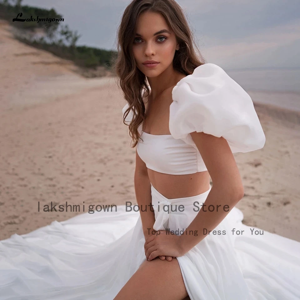 Lakshmigown Two Piece Beach Wedding Dress Short Puffy Sleeves 2023 Vestido White Chiffon Sexy Bridal Gowns Side Slit