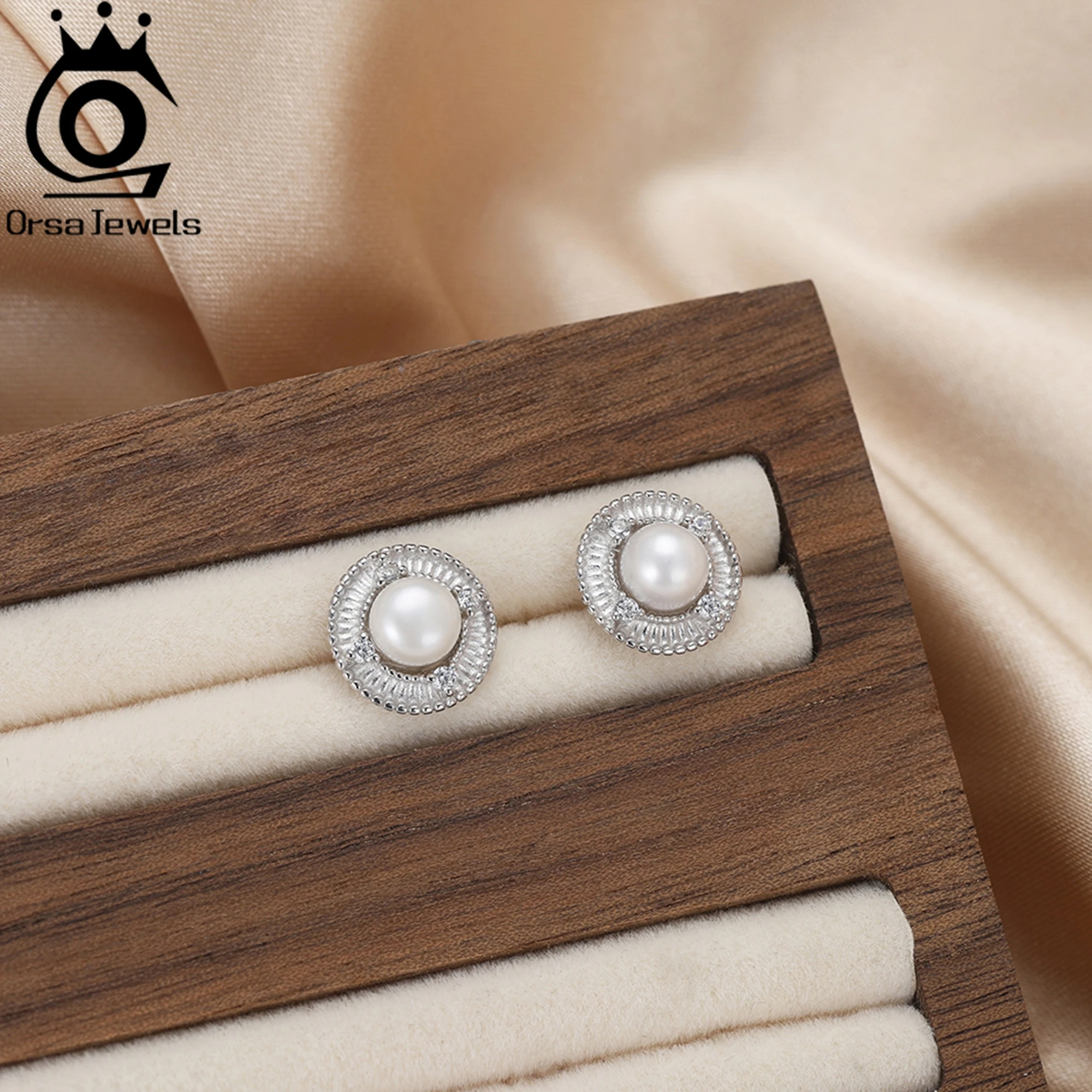 ORSA JEWELS 925 Sterling Silver 14K Gold Exquisite Stud Earrings 5.5-6mm Natural Freshwater Oval Pearl & Zirconia Decor GPE123