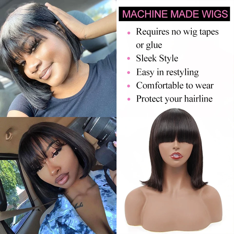 Straight Bob Human Hair Wigs With Bangs Full Machine Made Wigs Glueless Brazilian Remy Human Hair No Lace Bob Wigs For Woman