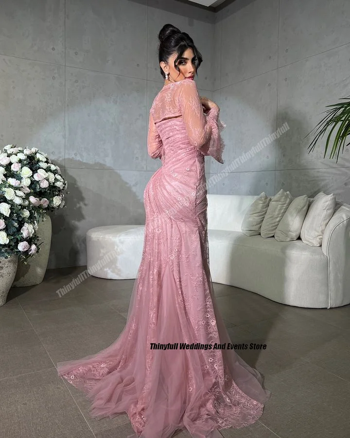 Thinyfull Mermaid Saudi Arabia Prom Dresses Sweetheart Full Sleeves Lace Evening Party Gown Outfit Dubai Special Occasion Dress