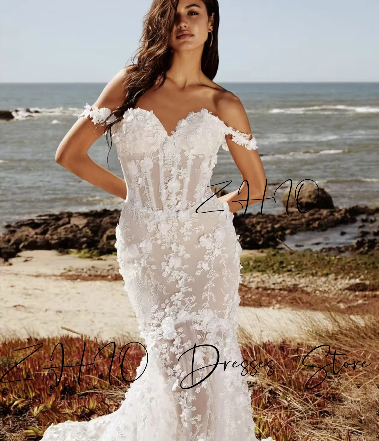ZHIO Elegant Appliques Wedding Dress Off Shoulder Corset Mermaid Sweep Train White Tulle Bridal Gown Customized Robe De Mariée