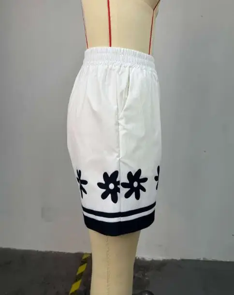 Two Piece Set Women Outfit 2025 Summer New Turn-Down Collar Color Blocked Print Short Sleeve Shirt & Casual Daily Shorts Set