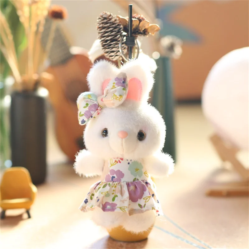 15 cm carino fiore vestito coniglietto ciondolo peluche bambola cartone animato borsa ciondolo portachiavi bambola morbido peluche figurine da collezione