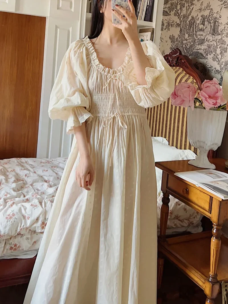 Cotton Embroidery French Languid U-Neck Ruffles Princess Nightgown Lace-up Vintage Fairy Night Dress Spring Pajamas Sleepwear