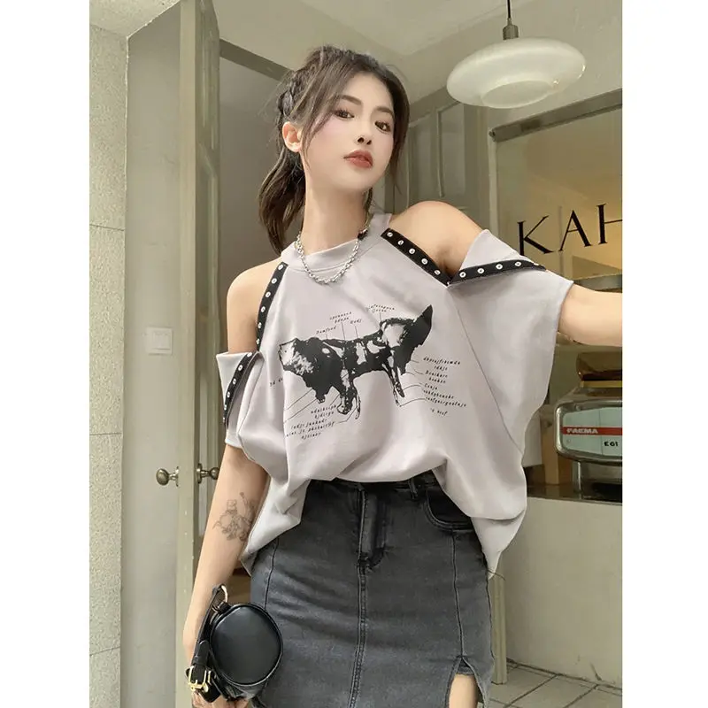 

Trend Patchwork Loose Tops Tees Summer New Short Sleeve Off Shoulder Button Printing T Shirts Casual Fashion Y2K Women Clothing