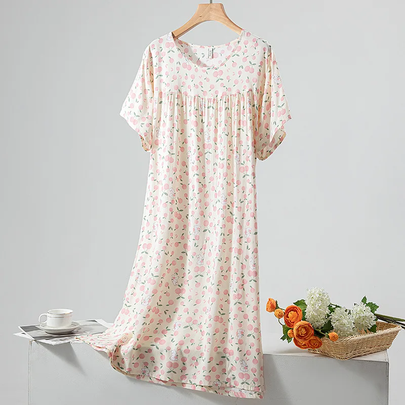 Chemise de nuit à manches courtes pour femmes, robe de pyjama d\'été, chemise de nuit à col rond, chemise de nuit imprimée, vêtements de maison,