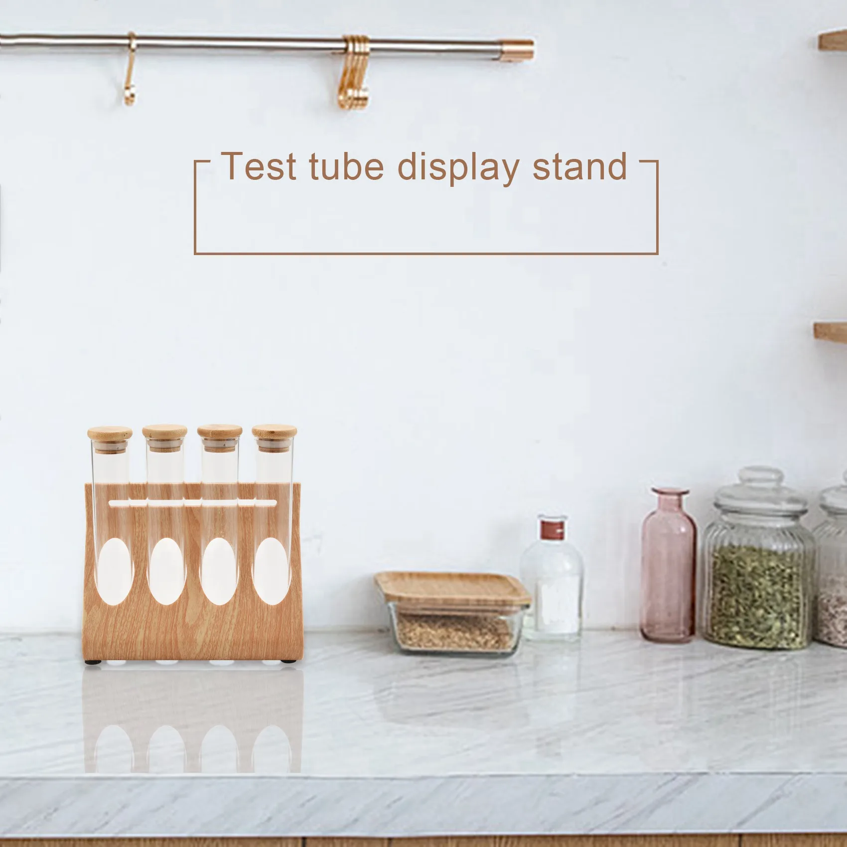 AFOURT-2 Set Wooden Coffee Beans Tea Display Rack Stand Glass Test Tube Sealed Storage Decorative Ornaments Cereals Canister