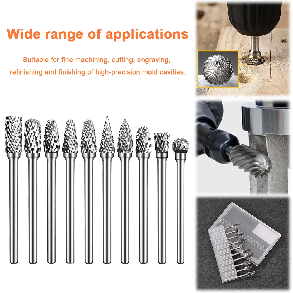 10Pcs Carbide Burr Set 1/8 Inch Shank Long Burr Bits Rotary Tool Rasp File for Metal Welds Carving Cutting Engraving Porting