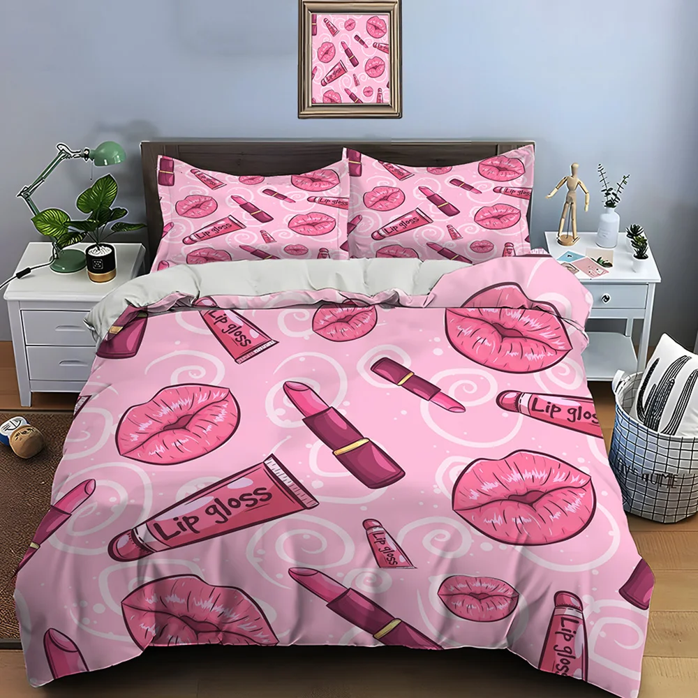 3PC Fashion Make Up Print Bedding Set Duvet Cover 1 Duvet Cover 2 Pillowcases Adult and Children Bedding Set Luxury Girls Gifts