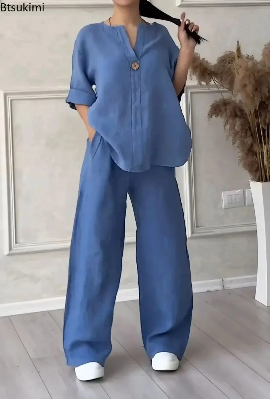 Nuovo 2025 Set di pantaloni di lino in cotone a 2 pezzi da donna Camicia a maniche lunghe solida Top + Pantaloni a gamba larga Set di abiti larghi casual in due pezzi