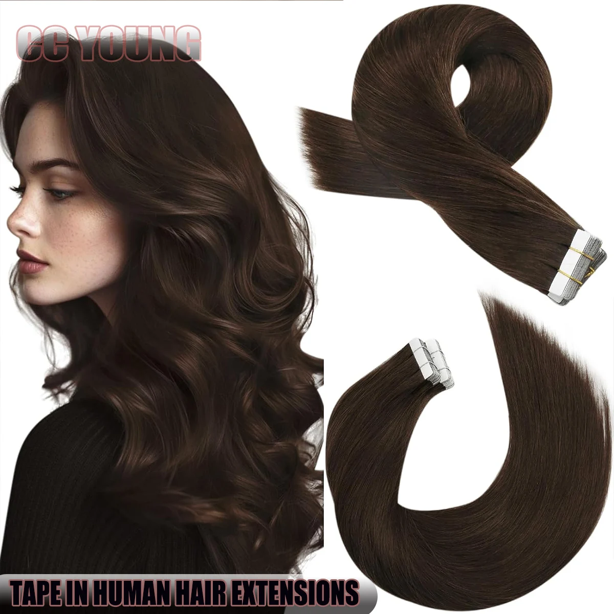 

20 шт., темно-коричневая прямая лента для наращивания волос, 100% человеческие волосы Remy для женщин, добавляющая длину и объем 50 г