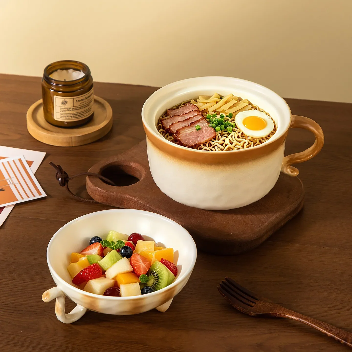 Cute Bread Cat Ceramic Bowl With Lid High Aesthetic Household Dormitory Instant Noodle Bowl Breakfast Food Container Tableware