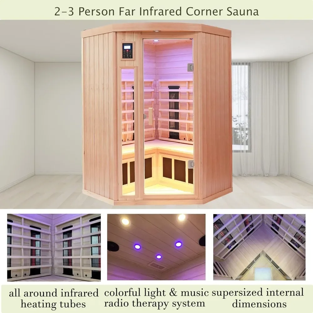 Ceramic Infrared Sauna 2-3 Person Far Infrared Saunas for Home Low EMF Indoor Home Sauna Hemlock Wooden Corner Sauna