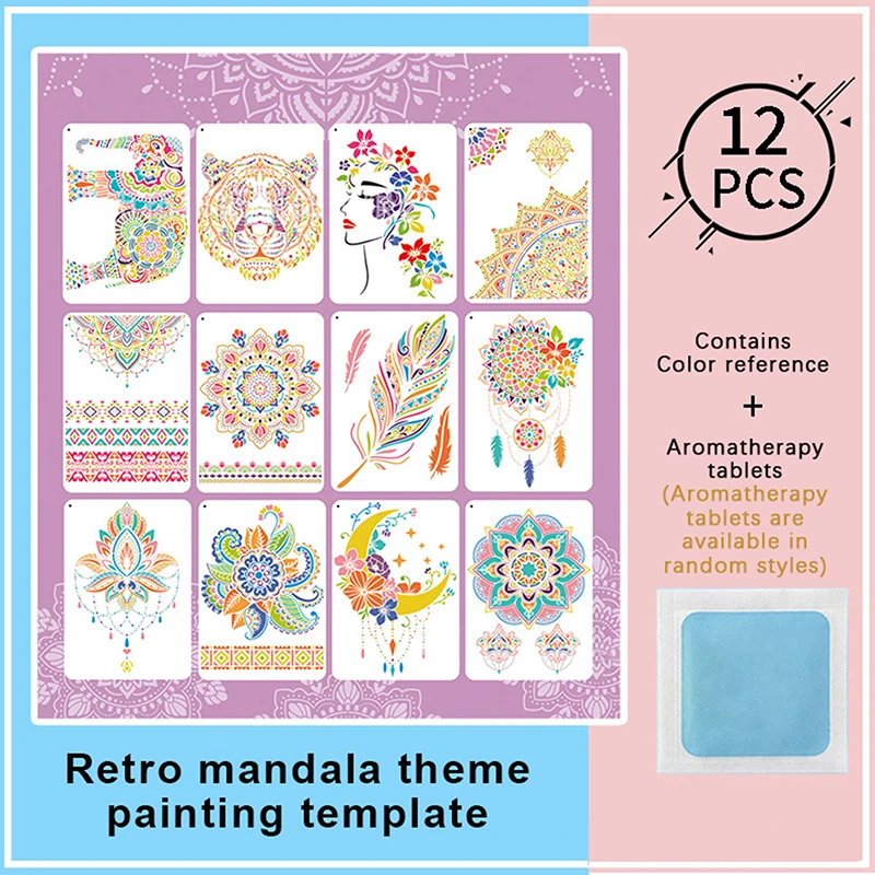 Mandala Stencils para Pintura de Parede, Scrapbook Colorir, Embossing Album, Decorative Paper Card Template, DIY Template, 12PCs