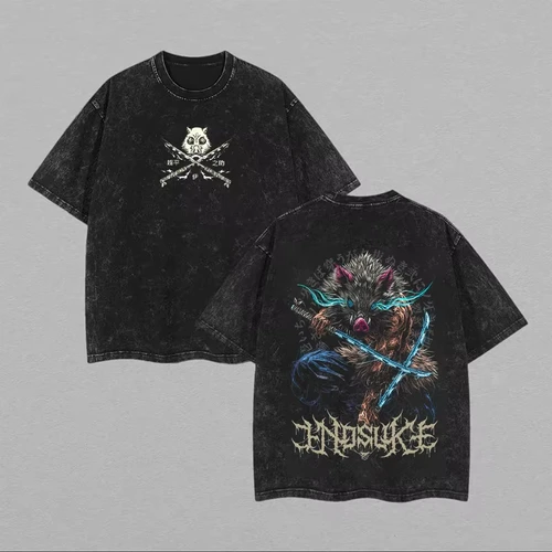 Imagen 2 del producto Camiseta gráfica Manga Demon Slayer Inosuke, camiseta Vintage lavada de gran tamaño, ropa para hombres y mujeres, camisetas de manga corta de algodón de verano