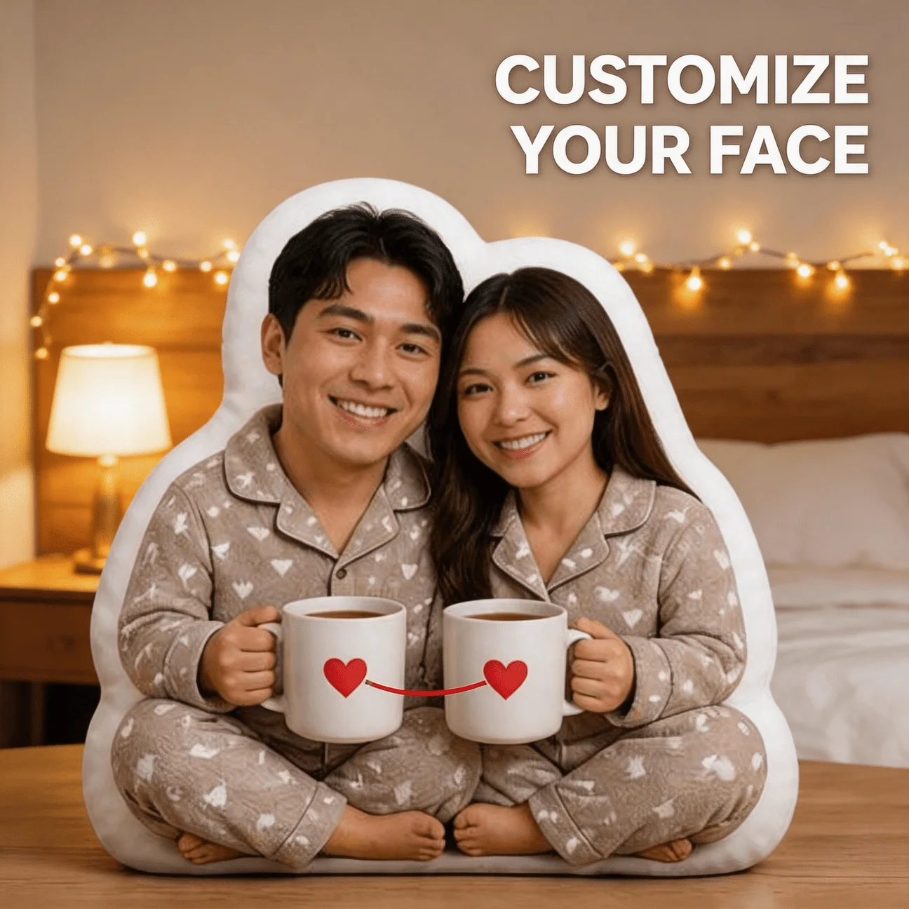 Personalized Couple Photo Shaped Pillow, Custom Face Decorative Cushion with Matching Pajamas & Heart Mugs, 70cm Large Accent Th