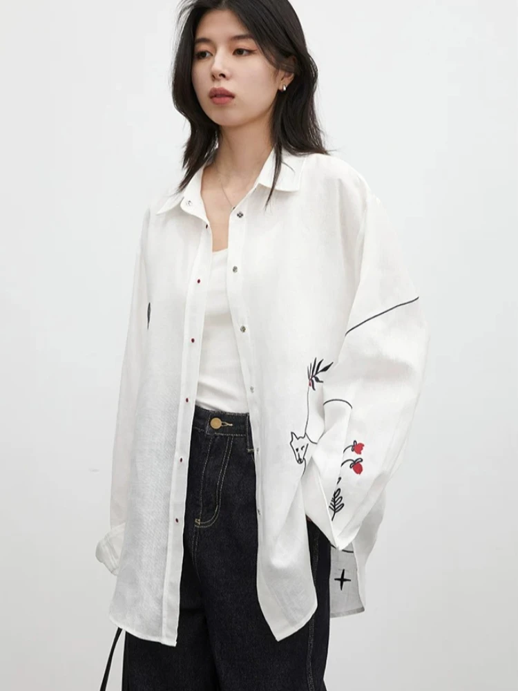 Women's White Long Sleeve Blouse with Pony Embroidery