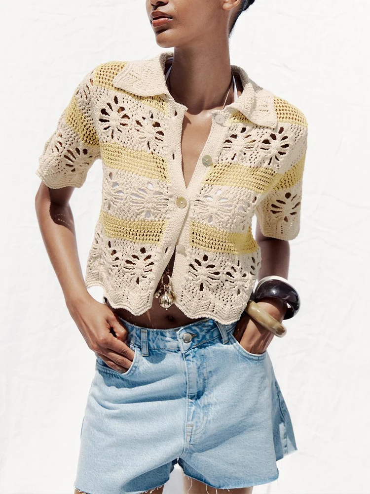 

European style new women's fashion versatile temperament simple lapel short sleeve jacquard mesh knitted top