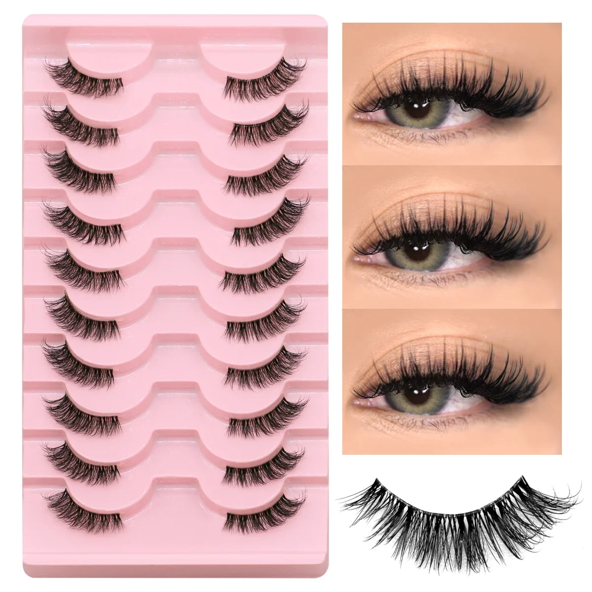 GROINNEYA Halbe Wimpern, weiche, natürliche Katzenaugenwimpern, natürlicher Look, unsichtbares Band, halbe gefälschte Wimpern, flauschige Wimpern