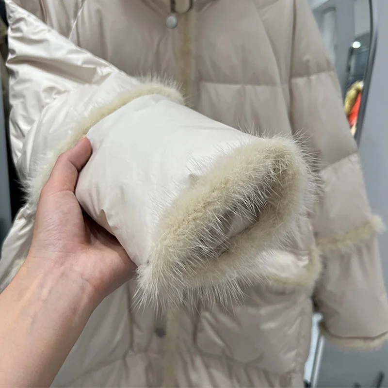 Patchwork luxury Mink Women Hair Long Jacket New Casual Style Autumn Winter White Duck Down Coats And Parkas Female Outwear