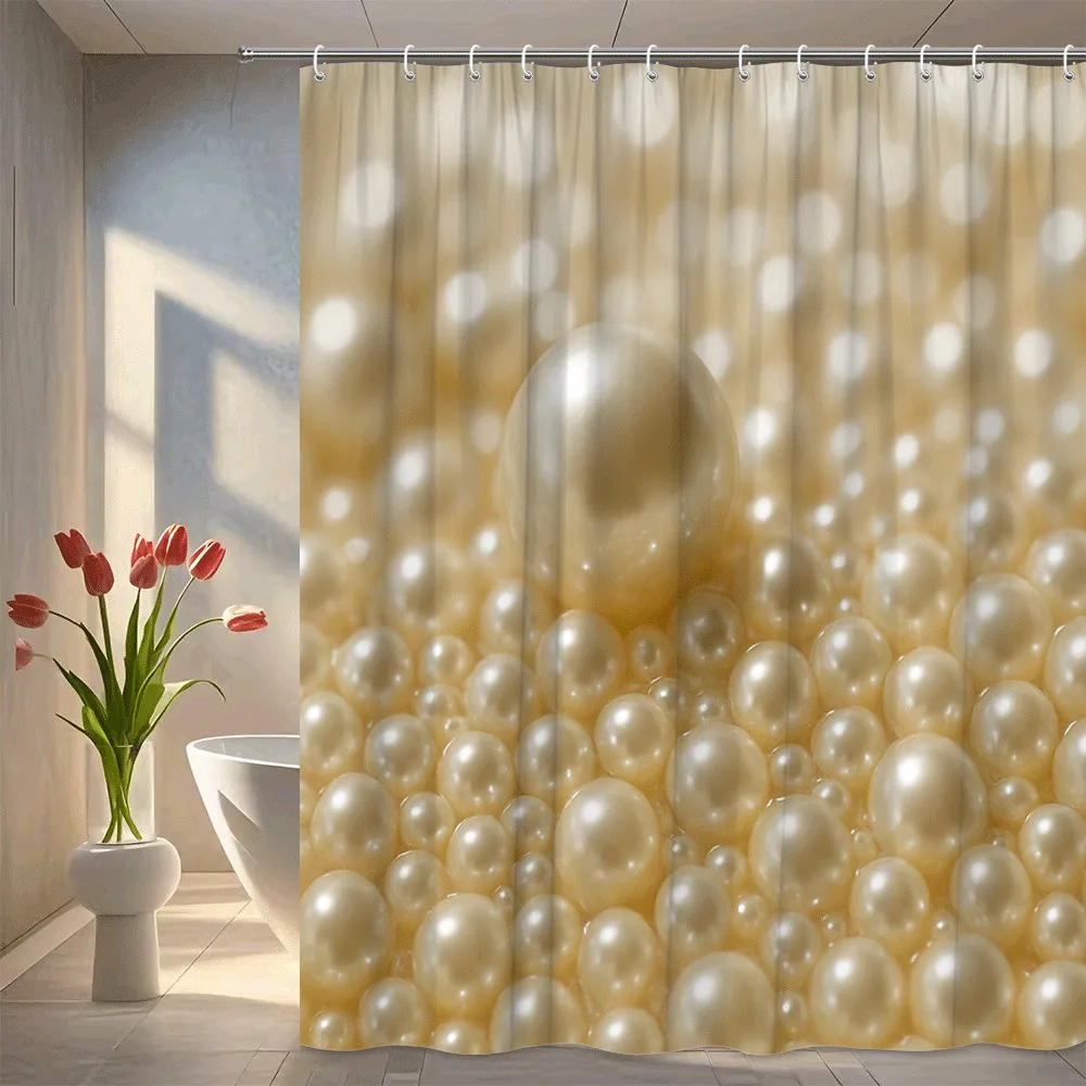 

Golden Pearl Shower Curtain Luminous Beads Design Elegant Luxury Decor Feminine Bathroom Style Waterproof Elevate Your Space