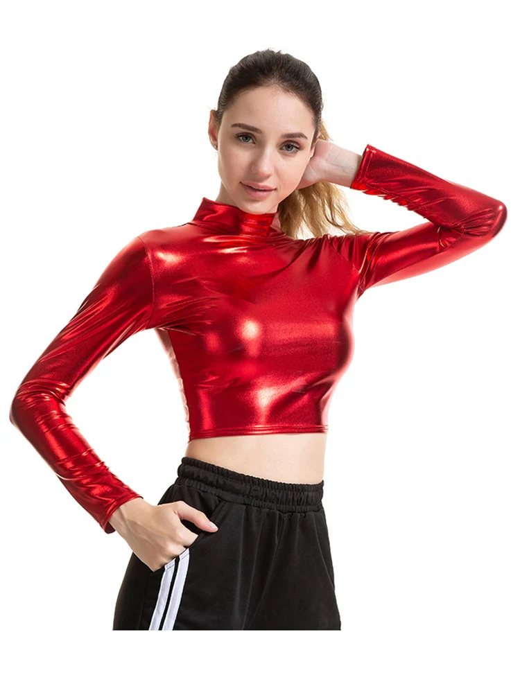 CHSDCSI PU Short Top Women Shiny Leather Top High Street Turtleneck Dance Clubwear Long Sleeve Tops Gold Silver Costumes T shirt