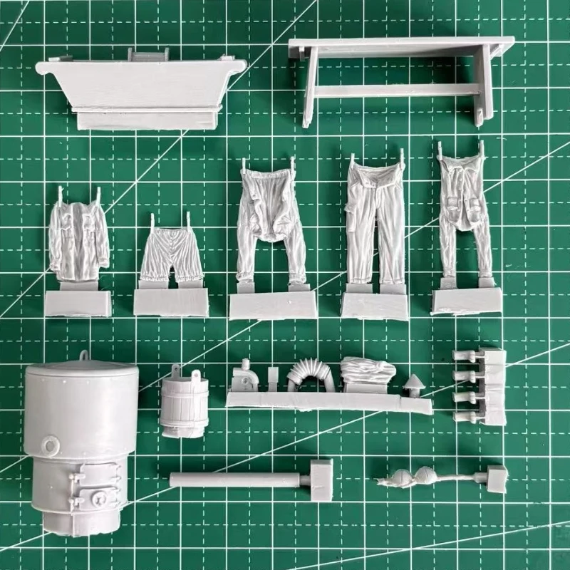 Zestaw do samodzielnego montażu modelu z żywicy odlewanej ciśnieniowo w skali 1/35, scena polowej prania z okresu II wojny światowej, niezmontowany i niepomalowany, bez podstawki.