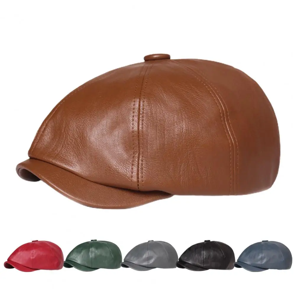 Męski Beret z szerokim rondem, okrągły, kopułkowy, wiatroszczelny, Retro, ośmiokątny, malarz, sztuczny skórzany kapelusz, modne akcesoria na głowę