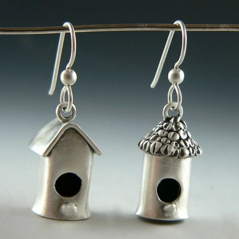 

Vintage Silver Color Metal Carving Small House Dangle Earrings for Women Jewelry