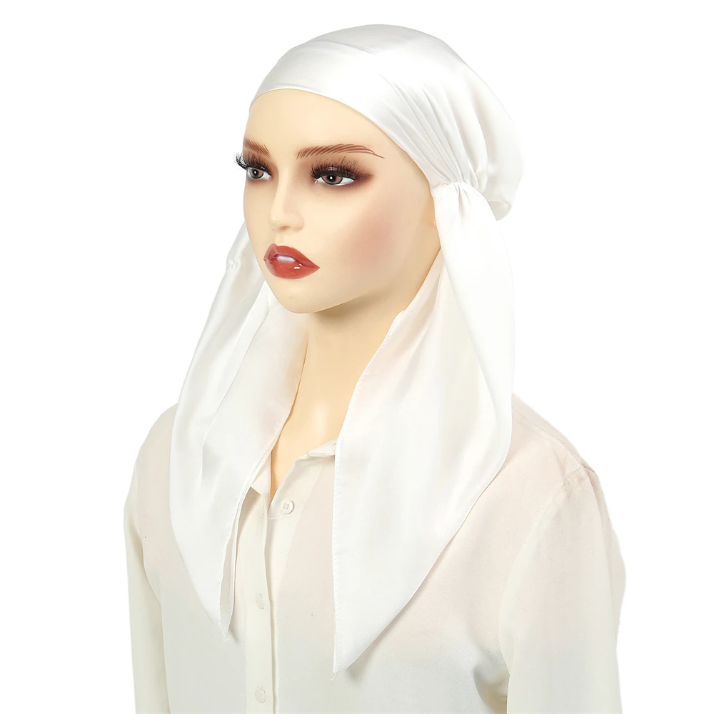 Hijabs muçulmanos de cetim brilhante para mulheres, lenço de cabeça monocromático, gorro de turbante, chapéu envoltório, lenço, bonés amarrados, strech, na moda