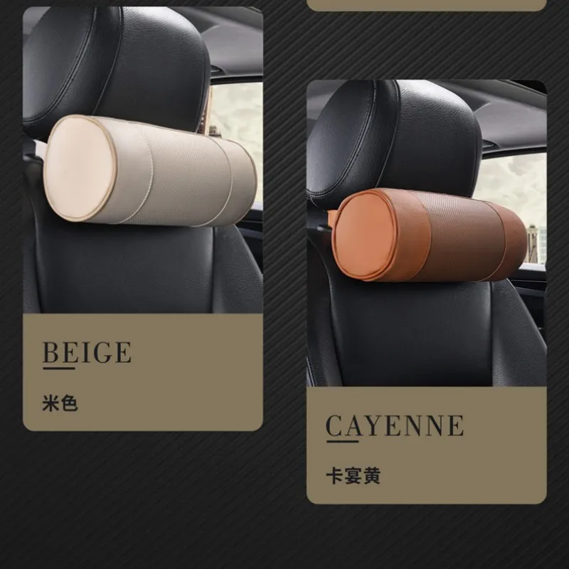 1pcMemory Foam Car Neck Pillow/Genuine Leather Auto Cervical Round Roll Office Chair Bolster Headrest Supports Cushion Pad Black