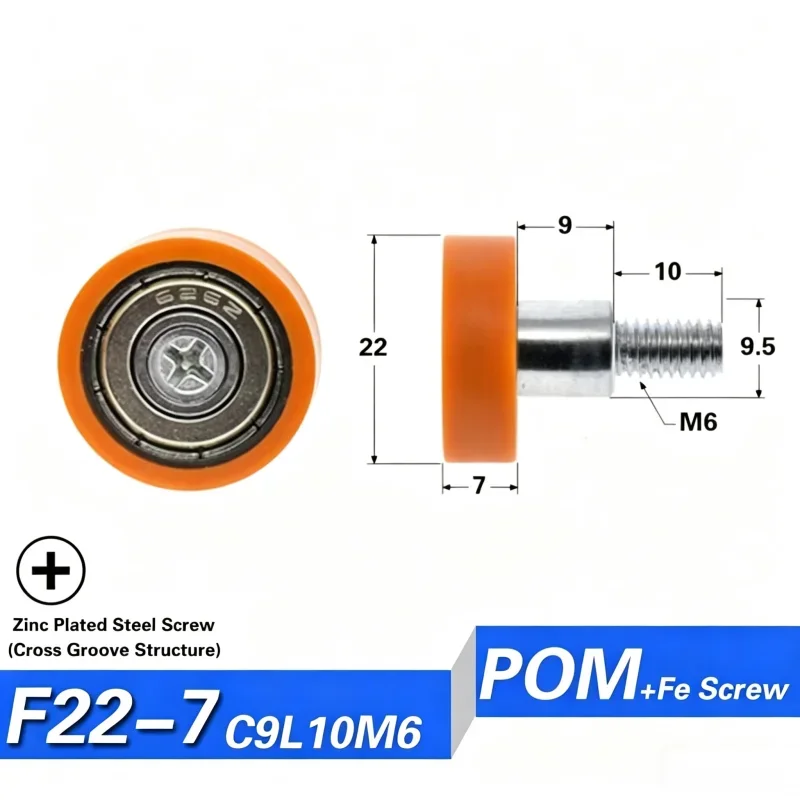 20 Stück M6 Schraube POM PA beschichtetes Gleitrad 6x22x7mm Orange Geräuscharmes Kunststoff-Führungsrollenrad 626ZZ 696 Kugellager – Detail 17
