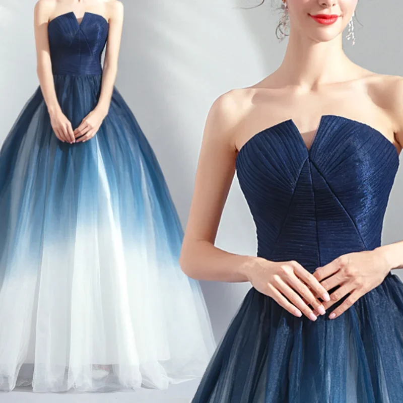 Customized Dream Starry Sky Gradient Blue Wedding Dresses For Women Strapless Elegant Party Dress 2024 Summer Back Cross Lace Up