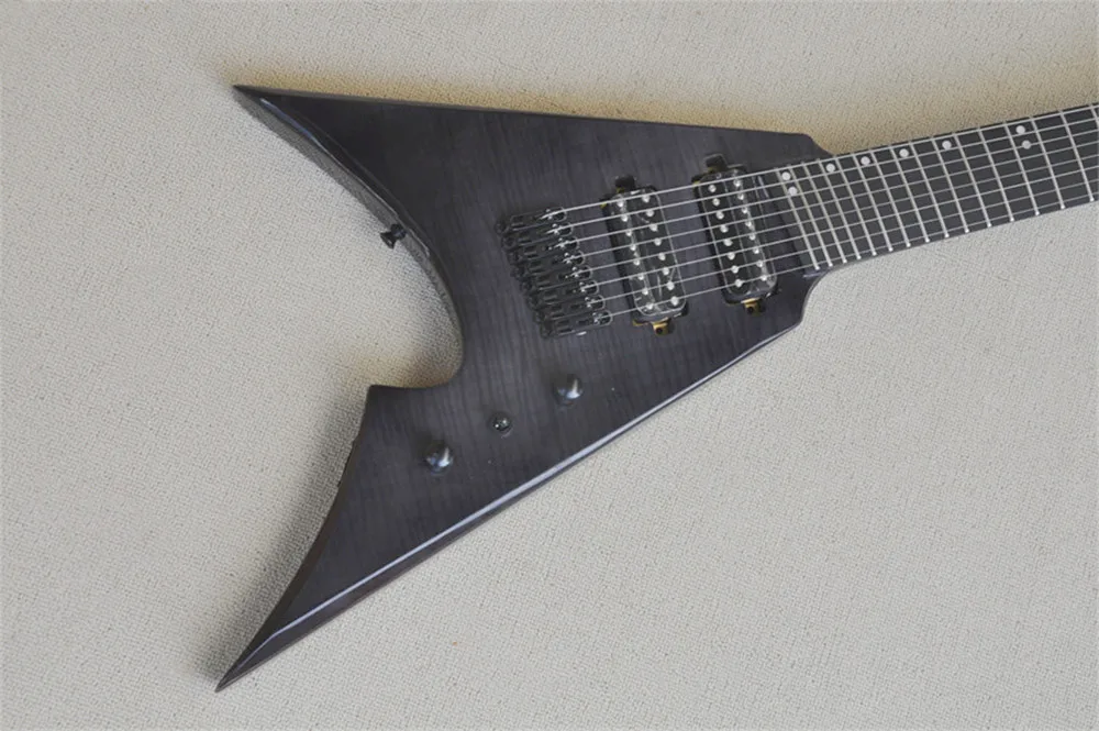 8 Strings Unusual shape Black Body Electric Guitar with Flame Maple Veneer,Provide customized services