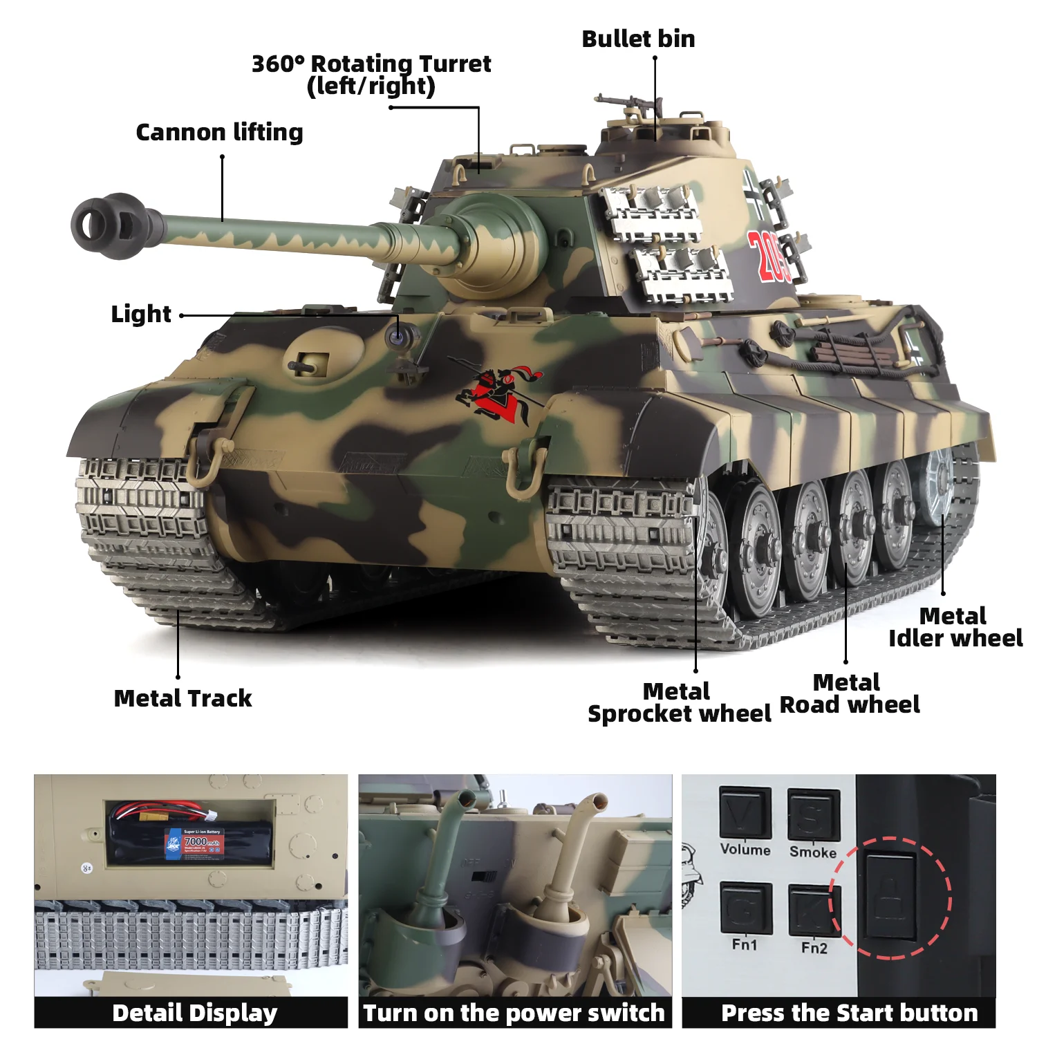 Heng Long rc tanks 1/16 Duitse King Tiger tank Model (Metalen Road Wheel & Tandwiel & Gun canal) (360 ° Roterende torentje)