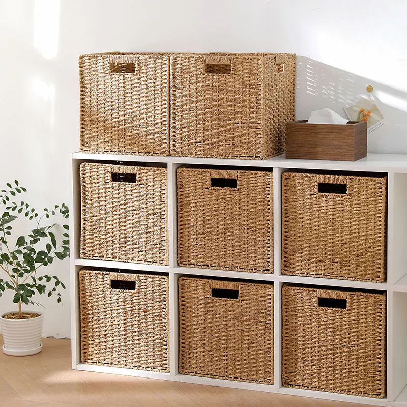 

Country Rope Woven Storage Basket, Living Room Organizer, Office Grid Shelf, Imitation Rattan Handmade Bin, Decorative Storage