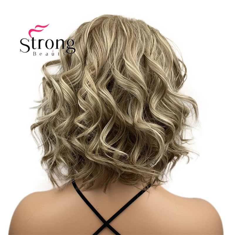 StrongBeauty Short Wavy Ash Blonde High Heat Ok Full Synthetic Wig for Women