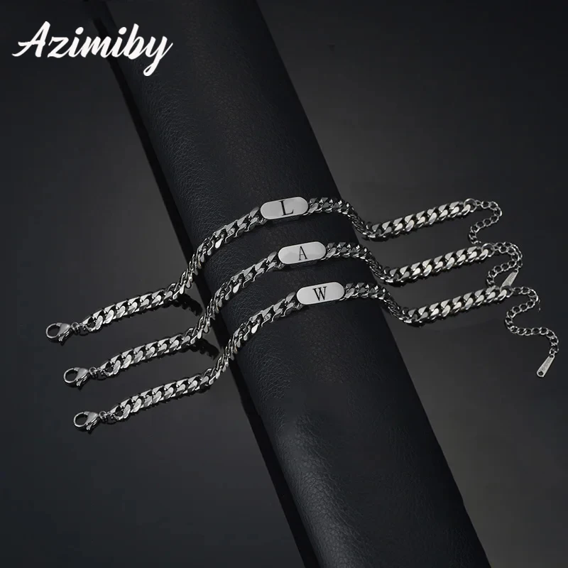 Azimiby Stainless Steel Oval Bracelet With Letter Fashion Initial Alphabet Charms Cuban Chain Bracelets For Women Men Birthday