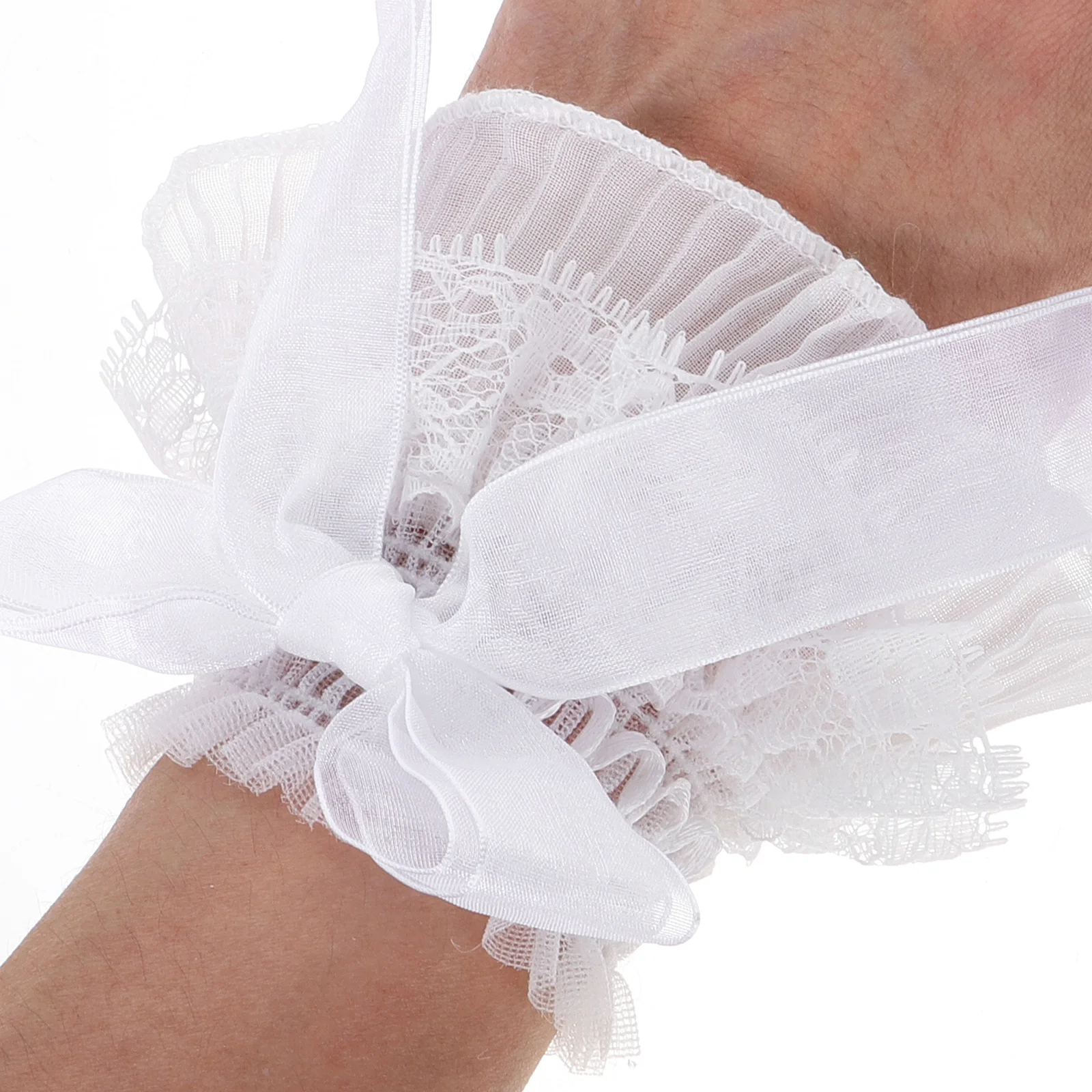 1 زوج الأبيض الشيفون الدانتيل الأصفاد المعصم شير تكدرت الأكمام اليد مطاطا أصابع قفازات للنساء الفتيات حفلات الزفاف الشاي