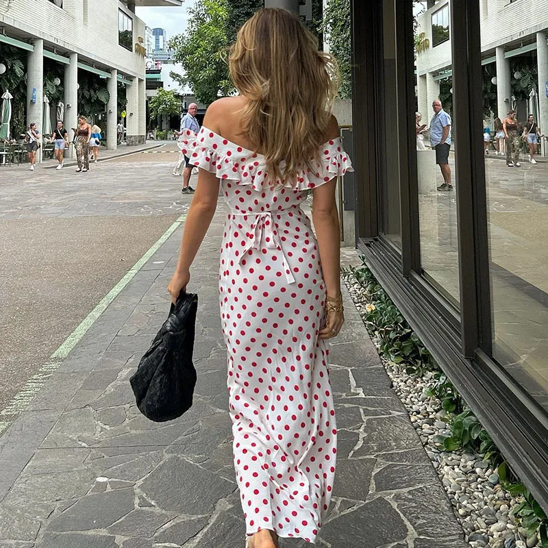 Slash Neck Polka Dot Printed Dress Women New Color Blocking Design Elegant Fashion Casual Versatile off Shoulder Flounce Dress