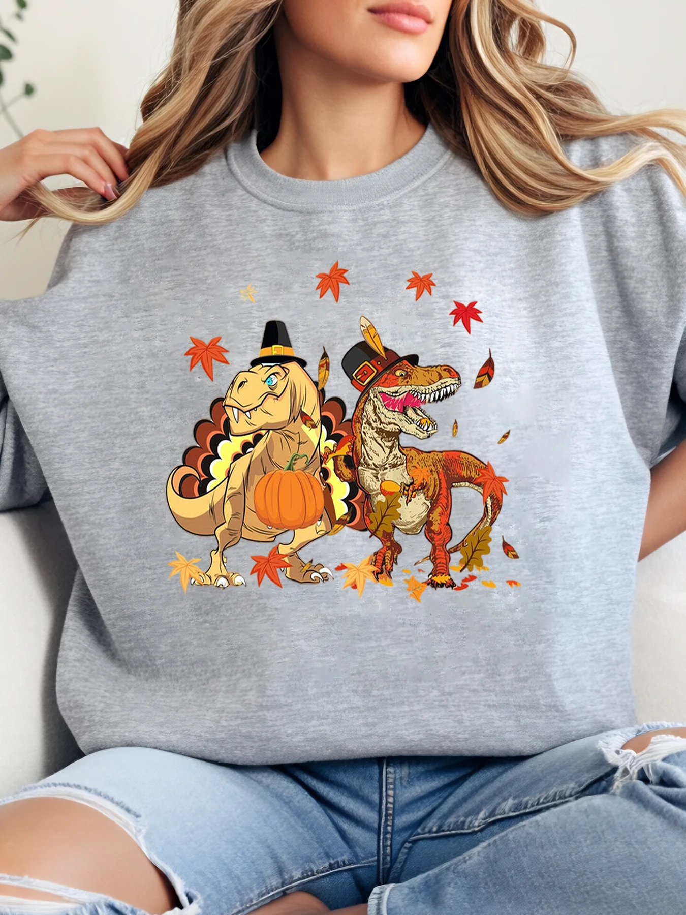 

Толстовка с принтом динозавра на День Благодарения, осенний фестиваль, повседневная одежда, женская свободная посадка, серая, больших размеров