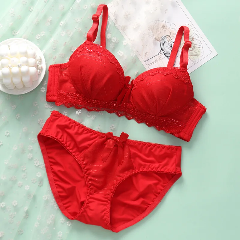 Summer New Sexy Women Bra Set Cute Fashion Wireless Gather Underwear Comfortable Panties Soft Push Up Top Lace Lingerie Set