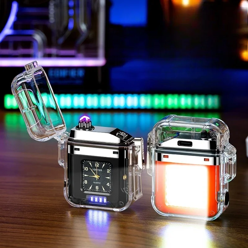 New Double Arc Waterproof Rechargeable Lighter Transparent Shell with Quartz Watch Lighter Cigarette Accessories Gift Wholesale - Detail 1