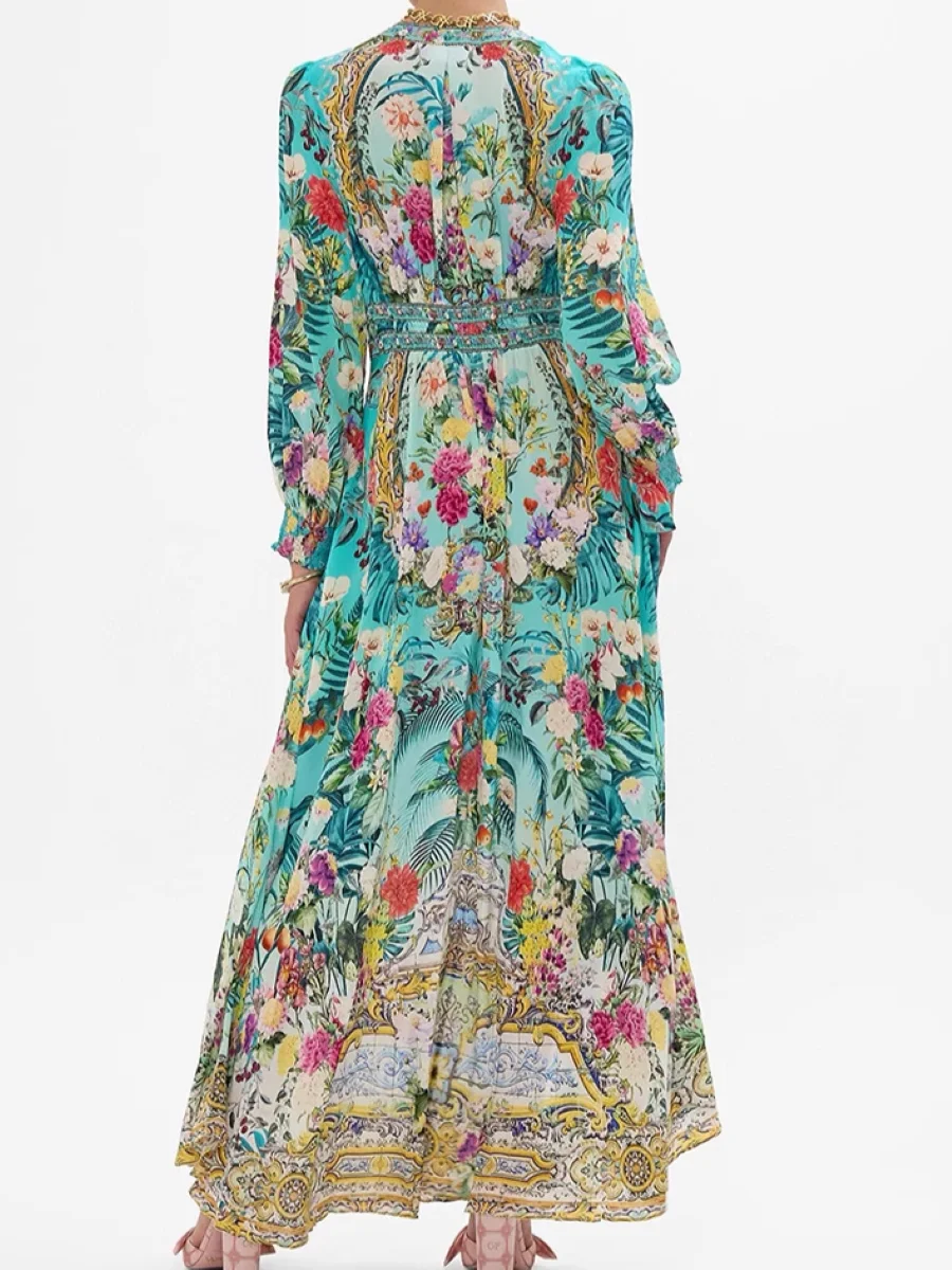 Robe longue en soie pour femmes, imprimé floral, perles de cristal, col en v, manches longues, taille élastique, vacances, nouvelle collection 2025