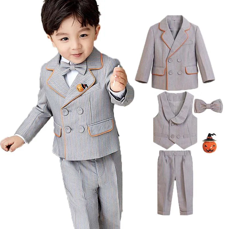 Children Festival 5Pieces/Set Jacket Vest Pants Bowtie Brooch Photography Suit Flower Boys Ceremony Costume Kids Birthday Dress