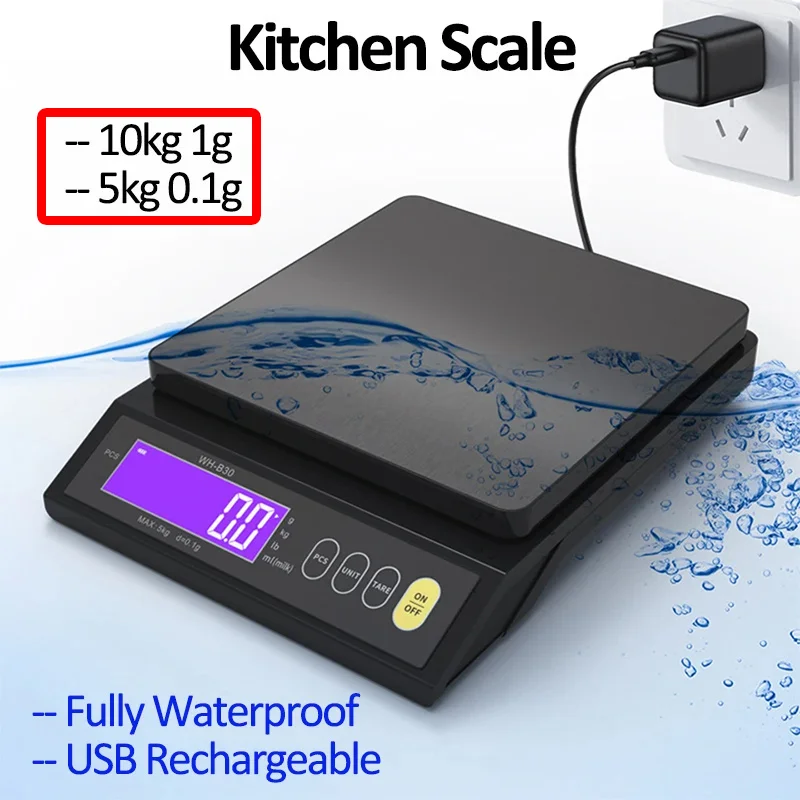 

5kg/0.1g 10kg/1g Digital Electronic Kitchen Scale LCD Display Fully Waterproof Stainless Steel Measuring Weighing Baking Tool