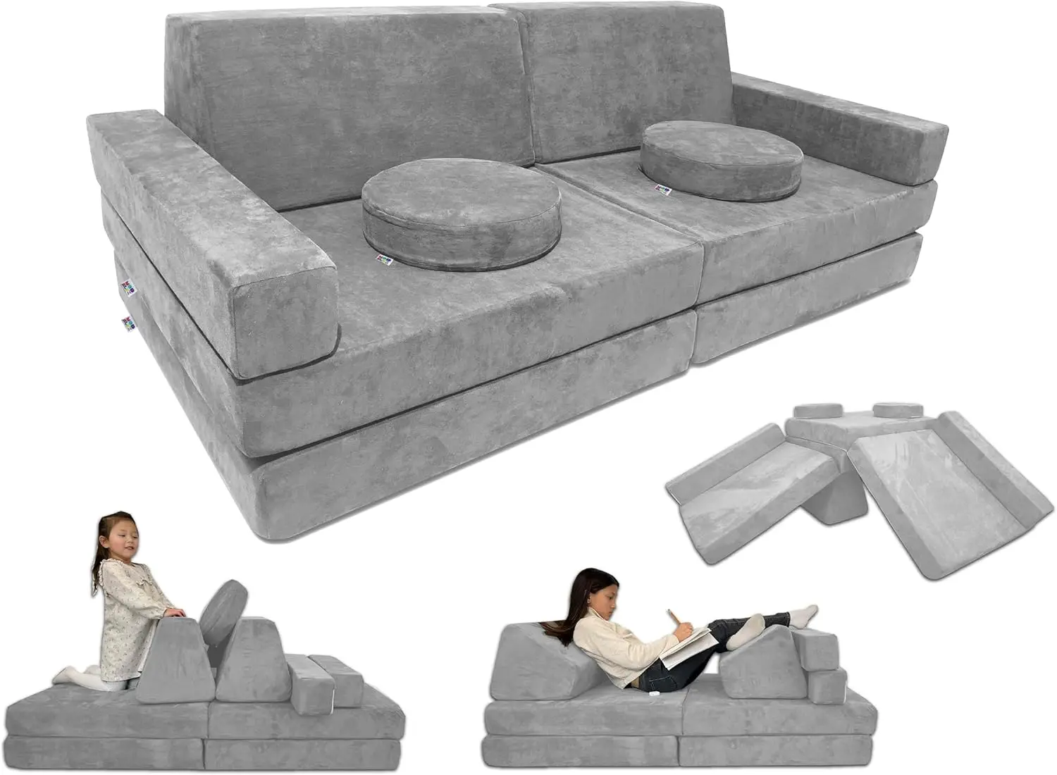 

Мягкий модульный детский игровой диван, набор из 10 предметов для мальчиков и девочек с чехлами из микрозамши и трансформируемыми подушками из пенопласта светло-серого цвета